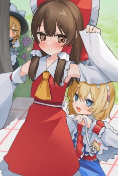 +_+ 3girls :t alice_margatroid apron ascot black_hat black_skirt black_vest blonde_hair blue_dress blue_eyes blush bow braid brown_eyes brown_hair capelet closed_mouth commentary_request commission detached_sleeves doll dress frilled_bow frilled_hair_tubes frilled_hairband frills hair_bow hair_tubes hairband hakurei_reimu hat hat_bow kirisame_marisa lolita_hairband long_hair long_sleeves measuring mechanical_arms moni_monico multiple_girls open_mouth pout red_bow red_hairband red_skirt shanghai_doll side_braid single_braid skeb_commission skirt skirt_set smile tape_measure touhou vest waist_apron white_apron white_bow white_capelet witch_hat yellow_ascot yellow_eyes