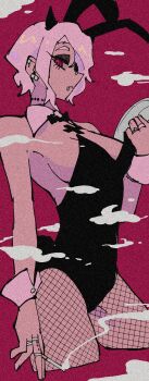 1girl absurdres alternate_costume amiri_ari animal_ears black_horns breasts cigarette commentary_request cropped_legs demon_girl demon_horns expressionless face_piercing fake_animal_ears fake_tail fishnet_pantyhose fishnets hair_over_one_eye helltaker highres horns jewelry lip_piercing multiple_rings pantyhose piercing playboy_bunny rabbit_ears rabbit_tail red_background red_eyes ring smoke smoking solo tail thighs tray white_hair wrist_cuffs zdrada_(helltaker)
