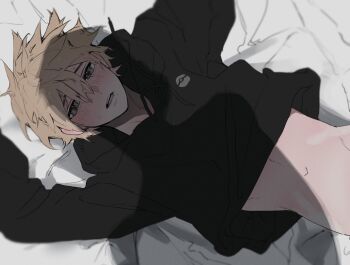 Rule 34 | 1boy, alternate costume, bed sheet, black hoodie, blue oak, blurry, blush, clothes lift, hair between eyes, hood, hood down, hoodie, hoodie lift, lying, male focus, navel, nintendo, on back, open mouth, pokemon, pokemon rgby, sekaiitinoki, short hair, solo, stomach, tassel, teeth, upper teeth only