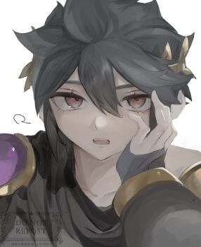 1boy black_hair black_scarf bracer dark_pit fingerless_gloves gloves hair_between_eyes hand_on_own_cheek hand_on_own_face highres kid_icarus kid_icarus_uprising laurel_crown looking_at_viewer male_focus nintendo open_mouth pale_skin portrait red_eyes scarf sidelocks spiked_hair watermark white_background yuuri_snpr