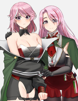 2girls akagi_kurage azur_lane black_gloves black_pantyhose breasts cleavage closed_mouth commission cosplay detached_collar duca_degli_abruzzi_(azur_lane) duca_degli_abruzzi_(azur_lane)_(cosplay) elbow_gloves giuseppe_garibaldi_(azur_lane) giuseppe_garibaldi_(azur_lane)_(cosplay) giuseppe_garibaldi_(kancolle) gloves groin highres kantai_collection large_breasts long_hair looking_at_viewer luigi_di_savoia_duca_degli_abruzzi_(kancolle) multiple_girls pantyhose pink_eyes pink_hair pixiv_commission short_hair smile