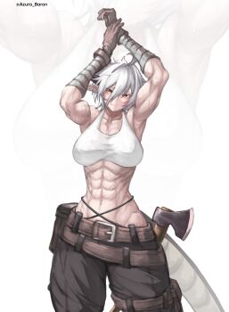 1girl abs absurdres ahoge arms_up axe azura_anblue belt belt_pouch black_pants brown_gloves dragon_girl dragon_horns dragon_tail fang fantasy gloves highres horns looking_at_viewer muscular muscular_female navel_piercing original pants piercing pointy_ears pouch short_hair single_horn skin_fang solo standing tail white_background white_hair yellow_eyes