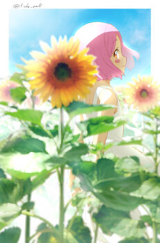 1girl alternate_costume arms_behind_back bleach bleach:_sennen_kessen-hen blush_stickers dress flower from_side kusajishi_yachiru lido_an0 long_dress pink_eyes pink_hair short_hair sideways_glance smile solo sunflower twitter_username white_dress