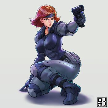 Rule 34 | 1girl, absurdres, ammunition pouch, belt pouch, black boots, black headband, bodysuit, boots, breasts, brown eyes, brown hair, elbow pads, finger on trigger, flipped hair, full body, grey background, grey bodysuit, gun, handgun, headband, highres, holding, holding gun, holding weapon, jamrolypoly, knee pads, large breasts, lips, meryl silverburgh, metal gear (series), metal gear solid, on one knee, pouch, serious, short hair, skin tight, sneaking, sneaking suit, solo, weapon