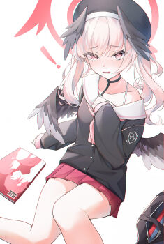 ! 1girl beret black_choker black_hat black_shirt black_wings blue_archive blush bra_strap choker collarbone commentary feathered_wings halo hat head_wings highres infinity_(kkx132) koharu_(blue_archive) looking_at_viewer low_wings manga_(object) medium_hair neckerchief pink_eyes pink_hair pink_neckerchief pleated_skirt red_halo red_skirt sailor_collar shirt skirt sleeves_past_fingers sleeves_past_wrists solo twintails white_background white_sailor_collar wings