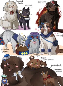 animal_ears animal_focus animalization aston_machan_(umamusume) australian_shepherd bag bandaid bandaid_on_face bandaid_on_nose bandana bandana_around_neck biko_pegasus_(umamusume) biwa_hayahide_(umamusume) black_fur blue_bow blue_eyes blue_hairband blue_sailor_collar blush bow bowl braid brown_fur character_doll closed_mouth collar commentary crown cupcake dog doll ear_bow ear_covers ear_ornament eating english_cocker_spaniel english_commentary english_text food gentildonna_(umamusume) green_eyes grey_fur hair_ornament hairband hat headband heart heart-shaped_ornament heart_ear_ornament highres himo_(user_rzgz5877) hishi_akebono_(umamusume) japanese_spitz kai_ken looking_at_viewer miniature_pinscher mood_(umamusume) mouth_hold multicolored_fur narita_brian_(umamusume) newfoundland no_humans oguri_cap_(umamusume) open_mouth pacifier pet_bowl pet_food poodle recursive_animalization red-framed_eyewear red_bandana red_bow red_eyes red_headband ribbon rottweiler sailor_collar semi-rimless_eyewear shoulder_bag smile st._bernard stalk_in_mouth star_(symbol) striped_clothes striped_hairband super_creek_(umamusume) tail tamamo_cross_(umamusume) tongue tongue_out umamusume under-rim_eyewear white_bow white_fur wing_ornament yellow_eyes