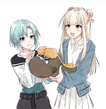 2girls :d aqua_hair belt black_skirt blonde_hair blue_cardigan blue_eyes braid bun_with_braided_base cardigan collared_shirt commentary d4dj double_bun fukushima_noa green_shirt grin hair_bun hanamaki_towa highres holding holding_stuffed_toy long_belt long_hair long_sidelocks monster_hunter_(series) multiple_girls nervous_smile open_cardigan open_clothes open_mouth pleated_skirt polo_shirt shirt short_hair sidelocks simple_background skirt smile stuffed_animal stuffed_toy uragaan white_background white_shirt white_skirt yellow_eyes yukitake_(bullfalk)