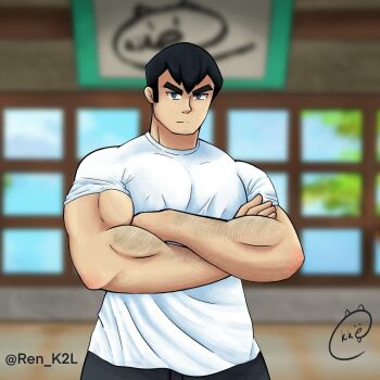 alternate_facial_hair arm_hair bara biceps black_hair chest_hair closed_mouth crossed_arms dad dojo facial_hair highres male_focus muscular nintendo norman_(pokemon) pectorals pokemon pokemon_rse ren_k2l self-upload shirt short_sleeves t-shirt tight_clothes tight_shirt white_shirt