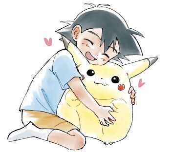 1boy :3 alternate_costume animal animal_hug ash_ketchum black_hair blue_shirt child closed_eyes commentary_request creature fat_pikachu full_body gen_1_pokemon happy heart highres hug ivo_no_ito kneeling male_focus nintendo no_shoes open_mouth orange_shorts pikachu pokemon pokemon_(anime) pokemon_(classic_anime) pokemon_(creature) shirt short_hair shorts smile socks spiked_hair stuffed_toy white_background white_socks