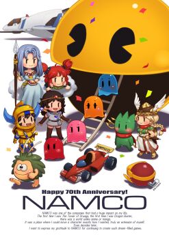 1boy 1other 4girls :3 anniversary antennae armor armored_boots artist_name belt black_eyes black_hair blinky_(pac-man) book boots braid bravoman_(series) breastplate brown_hair cape car chest_guard circlet closed_mouth cloud clyde_(pac-man) colored_skin commentary_request company_connection company_name confetti crossover dig_dug dress druaga_no_tou english_text faulds formula_one formula_racer gauntlets gilgamesh_(druaga) goggles green_fur green_skin grey_hair helmet highres hikimayu inky_(pac-man) japanese_clothes jewelry kainan ki_(druaga) krino_sandra libble_rabble long_dress long_hair lying motor_vehicle multiple_crossover multiple_girls namco necklace object_on_lap on_cloud on_stomach open_mouth pac-man pac-man_(game) pac-man_eyes pauldrons pinky_(pac-man) platina_(vnd) pole_position polearm pooka_(dig_dug) race_vehicle racecar railing rally-x red_cape red_hair sandals shadow sheath sheathed shield shield_on_back short_eyebrows short_hair shoulder_armor single_braid sitting smile solvalou_(xevious) spacecraft staff standing trident two_side_up valkyrie_(vnd) valkyrie_no_densetsu waya-hime weapon weapon_on_back white_background white_dress winged_helmet xevious yellow_armor |_|