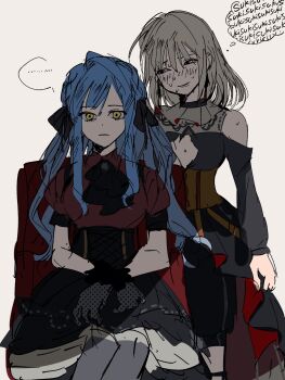 ... 2girls ascot bang_dream! bang_dream!_it&#039;s_mygo!!!!! black_ascot black_corset black_dress black_ribbon blonde_hair blue_hair brown_corset closed_mouth clothing_cutout clutching_chest commentary corset doloris_(bang_dream!) dress gloves grey_gloves grey_pants hair_ribbon hashtag-only_commentary highres konoharu_077 long_hair long_sleeves looking_at_another misumi_uika multiple_girls nervous_sweating oblivionis_(bang_dream!) pants purple_eyes red_shirt ribbon romaji_text shirt shoulder_cutout sidelocks simple_background sitting spoken_ellipsis standing sweat togawa_sakiko translated unmoving_pattern white_background yellow_eyes yuri