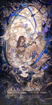 Rule 34 | 1girl, absurdres, asymmetrical legwear, bird, blue eyes, blue gemstone, blue gloves, blue ribbon, braid, brown eyes, brown hair, checkered clothes, chromatic aberration, closed mouth, collared dress, commission, crossed bangs, dove, dress, floating hair, full body, gears, gem, gloves, hair between eyes, hair intakes, hand up, heterochromia, highres, long hair, long sleeves, looking at viewer, mismatched legwear, original, pointy ears, ribbon, sidelocks, solo, two-sided fabric, watermark, white bird, white dress, yan zi yao yu