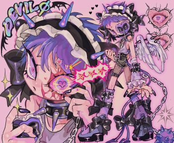 1boy amatou_akuma angel_wings artist_name asymmetrical_legwear bare_shoulders belt black_bow black_nails black_ribbon black_shorts blue_eyes bow bow_headband chain collar collarbone colored_sclera colored_shoe_soles crack cross demon_boy demon_tail detached_sleeves english_text eyeball eyepatch feathered_wings fingernails fishnets frilled_eyepatch frilled_sleeves frills full_body hair_bow hair_ornament hairband hand_up hands_up headdress heart heart-shaped_pupils heart_eyepatch heart_hair_ornament heterochromia highres holding holding_chain holding_eyepatch injury jewelry lolita_hairband long_fingernails looking_at_viewer looking_back male_focus multicolored_eyes multicolored_nails multiple_views nail_polish one_eye_covered original pink_background pink_eyes pink_sclera platform_shoes purple_eyes purple_frills purple_hair purple_nails purple_shoes purple_sleeves purple_tail ribbon scar scar_on_face sharp_fingernails shirt shoes shooting_star_hair_ornament short_hair shorts simple_background single_leg_pantyhose single_sleeve socks solo sparkle speech_bubble_hair_ornament spike_ball spiked_ball spiked_collar spiked_headband spikes standing star_(symbol) star_hair_ornament symbol-shaped_pupils tail thigh_belt thigh_strap upper_body very_short_hair white_frills white_wings wings yellow_eyes yellow_nails