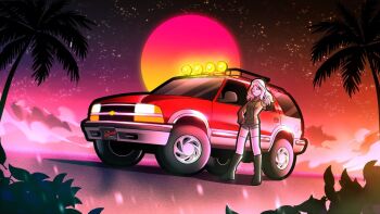 art.ellefay blonde_hair blue_eyes boots car chevrolet chevrolet_blazer full_body girls_und_panzer kay_(girls_und_panzer) motor_vehicle saunders_military_uniform sports_utility_vehicle sunset synthwave thighhighs