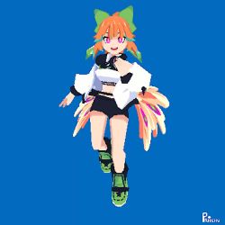 1girl 3d animated black_shorts blue_background crop_top earrings feather_earrings feathers hair_behind_ear hololive hololive_english jacket jewelry looping_animation low_poly one_eye_closed pink_eyes priichu shirt shorts sparkle takanashi_kiara video virtual_youtuber white_jacket white_shirt wings