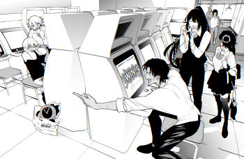 3boys 3girls arcade arcade_cabinet bag bow bowtie brother_and_sister character_doll closed_eyes clothes_grab collared_shirt commentary_request controller crane_game dante_(limbus_company) dark-skinned_male dark_skin doll don_quixote_(project_moon) fang hair_bun heathcliff_(project_moon) highres hong_lu_(project_moon) jia_xichun_(project_moon) joystick limbus_company looking_at_another maki_maki_(makimakipoipoi) middle_finger monochrome mouth_hold multicolored_hair multiple_boys multiple_girls plastic_bag pleated_skirt ponytail project_moon ryoshu_(project_moon) school_bag school_uniform shirt siblings sinclair_(project_moon) skirt smile streaked_hair tile_floor tiles track_suit twintails