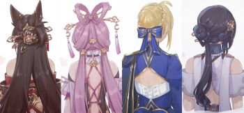 4girls ahoge animal_ears artoria_pendragon_(fate) back back_cutout bare_shoulders black_dress black_hair blonde_hair blue_dress blue_ribbon braid brown_hair clothing_cutout commentary detached_collar dress fate/stay_night fate_(series) fox_ears fox_girl fox_tail fu_xuan_(honkai:_star_rail) fugue_(honkai:_star_rail) gold_trim green_dress hair_bun hair_ornament hair_ribbon hair_stick highres honkai:_star_rail honkai_(series) japanese_clothes jewelry kimono long_hair long_sleeves low_twintails multiple_girls necklace off_shoulder pearl_necklace pink_hair ponytail red_kimono ribbon ruan_mei_(honkai:_star_rail) saber_(fate) saber_(honkai:_star_rail)_(fate) sidelocks suwa_(swk_kkk) tail tassel tingyun_(honkai:_star_rail) twintails two-tone_dress white_dress