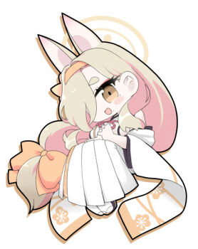 1girl :d animal_ears bare_shoulders black_sandals blue_archive bow breasts brown_eyes brown_hair chibi detached_sleeves drop_shadow full_body hair_bow hair_over_one_eye hairband hakama hakama_skirt halo head_tilt interlocked_fingers japanese_clothes kaho_(blue_archive) kimono large_breasts long_hair long_sleeves looking_at_viewer low-tied_long_hair miranofuudoria open_mouth orange_bow orange_hairband own_hands_clasped own_hands_together sandals short_eyebrows sideboob simple_background skirt sleeveless sleeveless_kimono smile socks solo tabi thick_eyebrows white_background white_hakama white_kimono white_sleeves white_socks wide_sleeves zouri