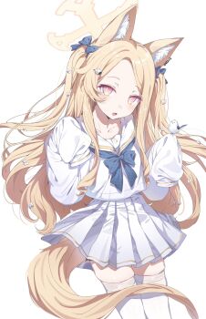 1girl alternate_costume alternate_hairstyle animal_ear_fluff animal_ears bird bird_on_hand blonde_hair blue_archive blue_bow blue_bowtie blush bow bowtie breasts collarbone cross_halo extra_ears forehead fox_ears fox_girl fox_tail gold_trim gradient_eyes hair_bow hair_ornament halo hands_up highres long-tailed_tit long_hair long_sidelocks long_sleeves looking_at_viewer multicolored_eyes multiple_hair_bows neckerchief open_mouth parted_bangs pleated_skirt purple_eyes sailor_collar school_uniform seia_(blue_archive) serafuku shirt sidelocks skirt sleeves_past_fingers sleeves_past_wrists small_breasts smile solo tail talking thighhighs tit_(bird) twintails two-tone_eyes very_long_hair white_background white_sailor_collar white_shirt white_thighhighs winter_uniform yellow_eyes yellow_halo youguo_naberu zettai_ryouiki