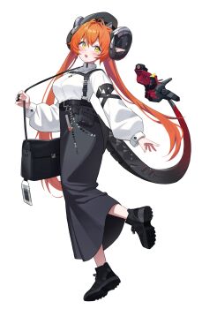 1girl absurdres alternate_costume bag black_hat black_shoes black_skirt blush breasts commentary curled_horns eyelashes full_body hat highres horns long_hair long_sleeves looking_at_viewer magus_(zenless_zone_zero) mechanical_tail niji_(rudduf232) open_mouth orange_hair orphie_magnusson pointy_ears shoes simple_background skirt sweater sweater_tucked_in tail tulle_skirt turtleneck turtleneck_sweater white_background white_sweater zenless_zone_zero