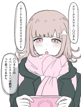 1girl :o black_jacket blush breasts commentary_request danganronpa_(series) danganronpa_2:_goodbye_despair flipped_hair grey_scarf hair_ornament handheld_game_console holding holding_handheld_game_console jacket large_breasts nanami_chiaki pepe_(qdjdo99812) pink_eyes scarf simple_background solo speech_bubble translation_request white_background
