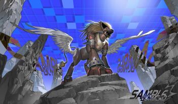 all_fours blonde_hair bly_mead brown_armor claws digimon digimon_(creature) duftmon_leopard_mode feathered_wings highres leopard monster on_rock red_eyes rock tail white_wings wings