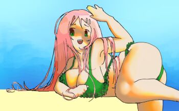 Rule 34 | 1girl, armpits, ass, bare shoulders, bikini, blue sky, breasts, cleavage, elizi--s, green bikini, green eyes, hair ornament, hairclip, hand up, huge breasts, long hair, lying, momone momo, open mouth, pink hair, sky, smile, solo, swimsuit, teeth, upper teeth only, utau