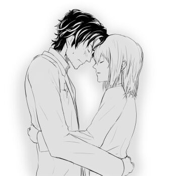 1boy 1girl beard_stubble blush closed_eyes closed_mouth commentary_request couple facial_hair forehead-to-forehead from_side greyscale heads_together hetero lab_coat makise_kurisu monochrome object_in_pocket official_alternate_hair_length official_alternate_hairstyle okabe_rintarou pen_in_pocket pocket science_adventure short_hair steins;gate steins;gate:_the_committee_of_antimatter stubble tetsu10ru upper_body white_background