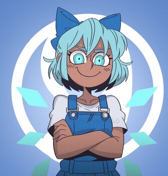 1girl blue_eyes blue_hair blue_skirt cirno cirno_day commentary crossed_arms dark-skinned_female dark_skin english_commentary highres ice ice_wings overall_skirt sayasushiswag shirt short_hair skirt smile solo tanned_cirno touhou upper_body white_shirt wings