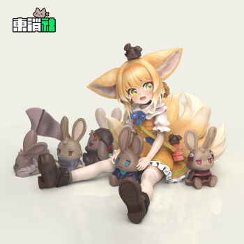 1girl 3d amiya_(arknights) animal_ears arknights artist_request black_cat black_footwear blonde_hair blue_ribbon blush braid braided_hair_rings cat character_doll character_request check_character choshanland_plushy_(arknights) commentary_request crossover derivative_work doll dress fox_ears fox_girl fox_tail full_body green_eyes hair_rings hairband highres kitsune kyuubi looking_at_viewer multiple_tails myrtle_(arknights) neck_ribbon official_alternate_costume open_mouth orange_dress orange_hairband pantyhose popukar_(arknights) puffy_short_sleeves puffy_sleeves ribbon second-party_source shamare_(arknights) shaw_(arknights) short_sleeves sitting stuffed_animal stuffed_rabbit stuffed_toy suzuran_(arknights) suzuran_(let&#039;s_carnival!)_(arknights) tail twin_braids white_pantyhose