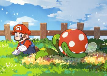 1boy blue_overalls blue_sky boots brown_boots brown_hair cloud commentary crawling day drooling facial_hair fence grass hanaon hat highres male_focus mario mario_(series) mustache nintendo outdoors overalls piranha_plant red_hat saliva sky sleeping squeans super_mario_64 symbol-only_commentary