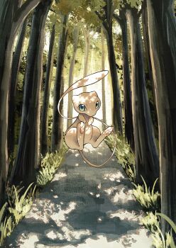blue_eyes commentary_request dappled_sunlight day floating forest gen_1_pokemon grass highres kuchiba_(jret2454) legendary_pokemon looking_at_viewer mew_(pokemon) mythical_pokemon nature nintendo no_humans outdoors path pokemon pokemon_(creature) road solo sunlight tree