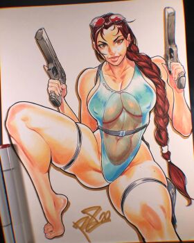 1girl antenna_hair art_tools_in_frame barefoot blue_one-piece_swimsuit braid breasts brown_eyes brown_hair center_opening covered_erect_nipples dual_wielding eyeliner eyewear_on_head furrowed_brow gun hair_over_shoulder handgun highres holding holster lara_croft large_breasts lips long_braid long_hair looking_at_viewer low-tied_long_hair makeup marker_(medium) mole mole_on_breast mole_on_leg navel navel_piercing one-piece_swimsuit photo_(medium) piercing pistol plantar_flexion red-tinted_eyewear robaato round_eyewear see-through_clothes single_braid skindentation solo spread_legs sunglasses swimsuit thick_thighs thigh_holster thighs tinted_eyewear tiptoes toenails toes tomb_raider traditional_media trigger_discipline weapon