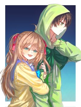 Rule 34 | 1boy, 1girl, ahoge, arm hug, black hair, blue bow, blue bowtie, blue eyes, blue sailor collar, bow, bowtie, brown hair, cardigan, closed mouth, commentary, eananaia, green eyes, green hoodie, hair ribbon, highres, hood, hoodie, long hair, long sleeves, looking at viewer, neuro-sama, open mouth, personification, red ribbon, ribbon, sailor collar, short hair, two side up, upper body, vedal987, vedal ai, virtual youtuber, yellow cardigan