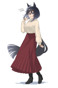 1girl animal_ears black_boots black_hair blue_eyes blush bob_cut boots bow breasts commentary_request ear_ribbon ear_scrunchie eishin_flash_(umamusume) full_body hair_between_eyes highres horse_ears horse_girl horse_tail large_breasts long_sleeves looking_at_viewer open_mouth red_skirt scrunchie short_hair simple_background skirt smile solo sweater swept_bangs tail tikatetu7facty umamusume white_background white_scrunchie white_sweater