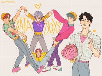 5boys abby_(kpop_demon_hunters) absurdres aqua_hair baby_(kpop_demon_hunters) black_hair bouquet commentary denim flower group_name hair_over_eyes hashtag-only_commentary hat heart heart_hands highres holding holding_bouquet instagram_username jeans jinu_(kpop_demon_hunters) kpop_demon_hunters looking_at_viewer male_focus michiix_cas multiple_boys mystery_(kpop_demon_hunters) pants pink_hair pink_sweater romance_(kpop_demon_hunters) shoes sleeveless sneakers sweater symbol-only_commentary twitter_username yellow_eyes yellow_hat