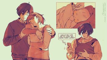 1boy 1girl 1other baby baby_carry blue_hair brown_hair carrying carrying_baby carrying_person closed_eyes closed_mouth commentary couple english_commentary father_and_child glint hair_between_eyes hand_on_another's_shoulder heads_together holding holding_phone hug if_they_mated jewelry leaning_on_person long_sleeves lying mother_and_child on_side paaaatchieee persona persona_3 phone ring shirt short_hair signature simple_background sleeping smile takeba_yukari text_messaging upper_body yuuki_makoto_(persona_3)