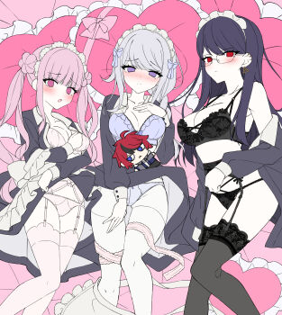 3girls :o absurdres ahoge apron black_dress black_panties black_streaks black_thighhighs blue_eyes blush bow bra braid breasts character_doll cleavage collarbone doll double_bun dress ear_piercing earrings frilled_apron frills glasses grey_hair hair_bun hand_on_own_chest heart heart-shaped_pillow highres jacket jewelry kirifuji_nozomi lace lace_bra lace_panties large_breasts light_frown long_hair long_sleeves maid maid_headdress medium_breasts multicolored_hair multiple_girls no_pupils nose_blush nurux2 panties partially_undressed piercing pillow pink_bow pink_bra pink_eyes pink_hair pink_panties pink_thighhighs purple_bow purple_eyes purple_hair purple_panties red_eyes red_hair shizuhara_hiruko short_hair streaked_hair sumino_takumi the_hundred_line_-last_defense_academy- thighhighs tsukumo_kako twintails underwear
