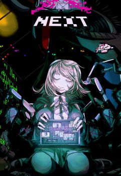 1girl black_shirt brown_skirt closed_eyes closed_mouth computer danganronpa_(series) danganronpa_2:_goodbye_despair facing_viewer hair_ornament highres holding holding_laptop iei jacket laptop long_sleeves mu~u_(payapaya1101) nanami_chiaki neck_ribbon open_clothes open_jacket pink_ribbon pleated_skirt ribbon shirt skirt smile solo two-tone_shirt usami_(danganronpa) white_shirt