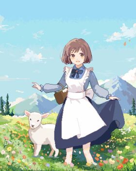 1girl :d animal animated animated_png apron baby_animal basket blue_bow blue_bowtie blue_dress blue_sky blush bokujou_monogatari bow bowtie brown_eyes closed_eyes cloud day dress elli_(bokujou_monogatari) falling_leaves flower grass honoca_maru lamb leaf long_sleeves looking_at_viewer lowres mountain nature open_mouth pixel_art sheep sky smile solo standing tree white_apron wind