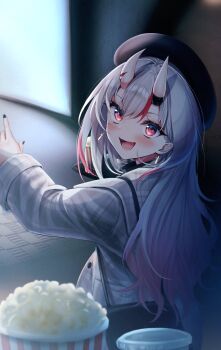 Rule 34 | 1girl, :d, absurdres, bag, beret, black bag, black hat, blue nails, commentary request, cup, dating, disposable cup, food, handbag, hat, highres, hololive, horns, long hair, looking at viewer, movie theater, multicolored hair, nakiri ayame, oni, open mouth, plaid clothes, plaid shirt, pointing, popcorn, red eyes, shirt, smile, streaked hair, terra bose, virtual youtuber, white hair