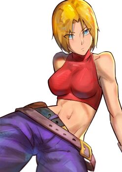 1girl blonde_hair blue_eyes blue_mary breasts female_focus huge_breasts large_breasts looking_at_viewer pale_skin pants rairukagayaku short_hair the_king_of_fighters