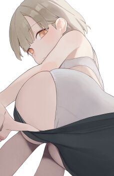 1girl ass black_shorts bra clothes_pull commentary grey_hair highres hiroki_(yyqw7151) looking_at_viewer orange_eyes original panties short_hair shorts shorts_pull simple_background solo underwear white_background white_bra white_panties