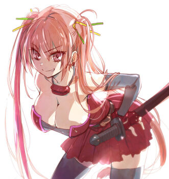Rule 34 | 1girl, breasts, cleavage, commentary, dress, english commentary, gun-katana, katana, large breasts, leaning forward, long hair, looking at viewer, pink eyes, pink hair, smile, solo, sword, thighhighs, tokiwara himena, twintails, ueda metawo, weapon, zettai ryouiki