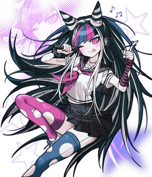 1girl ;q black_hair black_nails black_sailor_collar black_skirt blue_hair blue_streaks blush cable collarbone collared_shirt commentary_request danganronpa_(series) danganronpa_2:_goodbye_despair ddongmura ear_piercing elbow_gloves eyelashes face_piercing fingerless_gloves fingernails gloves hair_horns hashtag-only_commentary highres holding holding_microphone index_finger_raised jewelry long_hair microphone mioda_ibuki mismatched_thighhighs mouth_piercing multicolored_hair musical_note nail_polish neckerchief necklace one_eye_closed piercing pink_eyes pink_hair pink_neckerchief pink_streaks sailor_collar school_uniform scrunchie serafuku shirt shoelaces shoes short_sleeves single_elbow_glove single_fingerless_glove skirt smile solo star_(symbol) stitches streaked_hair striped_clothes striped_gloves tongue tongue_out white_hair white_shirt white_shoes wrist_scrunchie zoom_layer