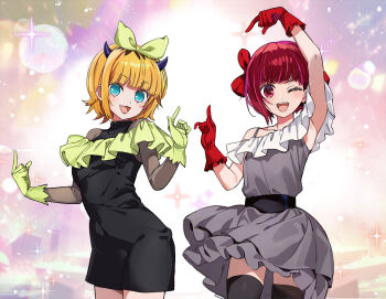 Rule 34 | 2girls, :3, arima kana, arm above head, b-komachi (new), black dress, blonde hair, blue eyes, blush, bob cut, bow, commentary request, demon horns, dress, fake horns, frills, gloves, grey dress, hair bow, horns, idol, idol clothes, inverted bob, looking at viewer, mem-cho, multicolored hair, multiple girls, nyoro (nyoronyoro000), one eye closed, open mouth, oshi no ko, red eyes, red gloves, red hair, roots (hair), see-through clothes, see-through sleeves, short hair, smile, sparkle background, yellow gloves