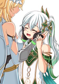 Rule 34 | 2girls, ^ ^, absurdres, bare shoulders, black gloves, blonde hair, blush, breasts, closed eyes, commentary, dress, english commentary, genshin impact, gloves, gold trim, green hair, hair between eyes, hands on another's cheeks, hands on another's face, hands on another's hands, highres, long hair, lovecraftian-trash, lumine (genshin impact), medium breasts, multiple girls, nahida (genshin impact), open mouth, partially fingerless gloves, side ponytail, sleeveless, sleeveless dress, white background, white dress, white hair