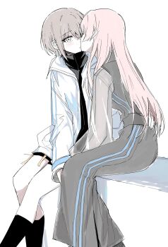 Rule 34 | 2girls, bang dream!, bang dream! it's mygo!!!!!, black dress, black shirt, black socks, brown eyes, chihaya anon, closed mouth, commentary, dress, grey hair, highres, jacket, kiss, long hair, multiple girls, pink hair, shirt, short hair, sitting, socks, suudori, takamatsu tomori, white jacket, yuri