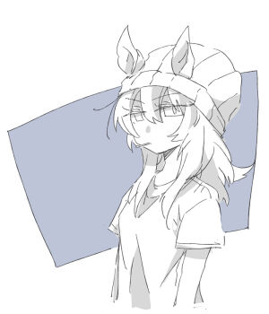 Rule 34 | 1girl, animal ears, beanie, beer hsk, commentary request, ears through headwear, grey background, hair between eyes, hat, horse ears, looking at viewer, nakayama festa (umamusume), ribbed hat, shirt, short sleeves, solo, two-tone background, umamusume, upper body, v-shaped eyebrows, white background