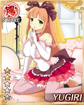 1girl backdrop border bow breasts camera card_(medium) closed_mouth dress elbow_gloves english_text game_cg gloves green_eyes hair_bow hime_cut idol idol_clothes large_breasts looking_at_viewer modeling non-web_source official_alternate_costume official_art orange_hair photo_shoot pink_dress pink_thighhighs red_bow red_skirt senran_kagura senran_kagura_new_wave skirt smile solo studio studio_lights thighhighs white_gloves yugiri_(senran_kagura)